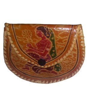 VTG Kane M Hindu Woman Leather Side Stitched Brown Coin Purse Snap Closure Bag